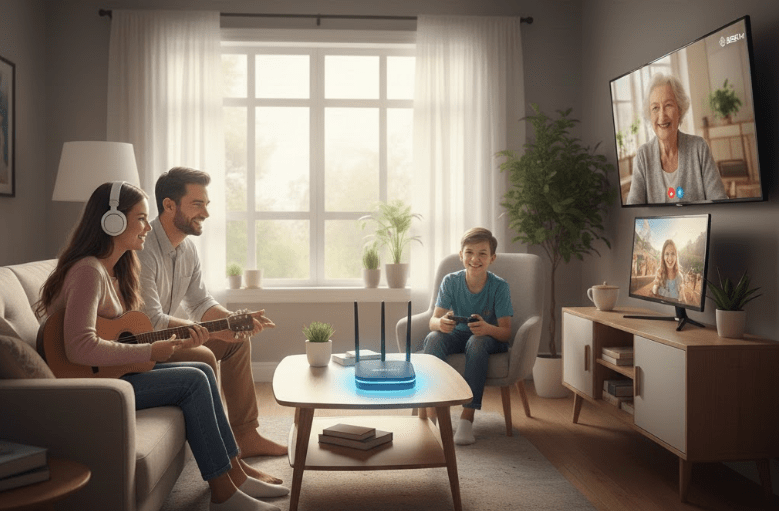 family in living room using devices that require internet