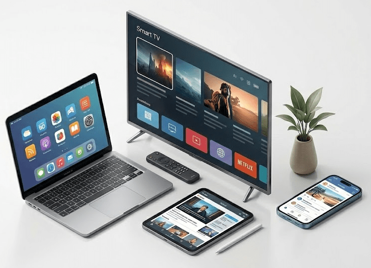 multiple electronic devices on table