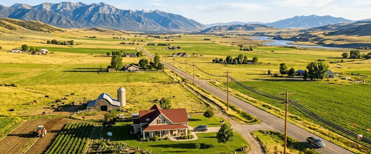 rural landscape setting with house and a barn