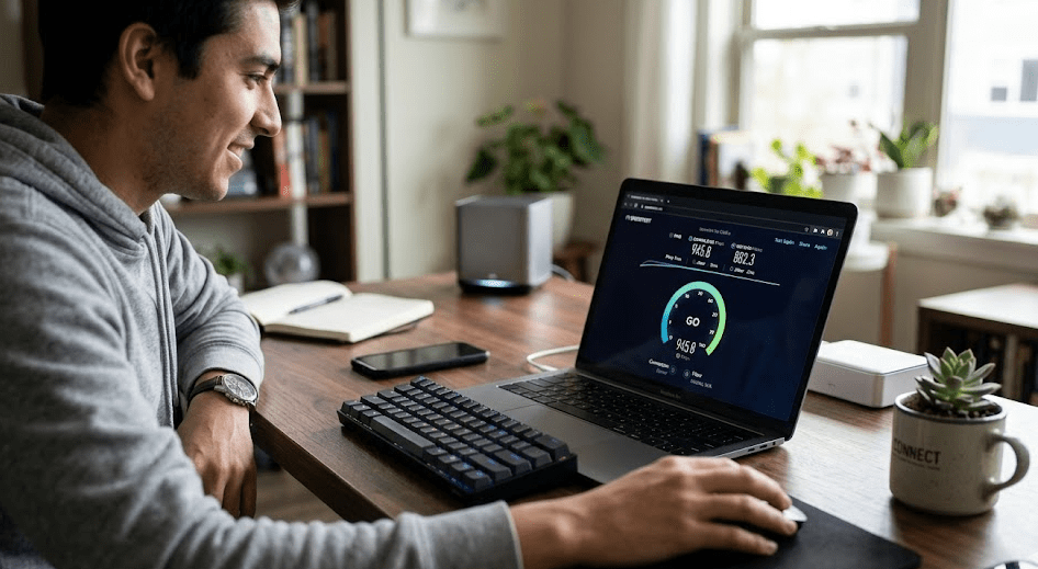 man performing an internet speed test