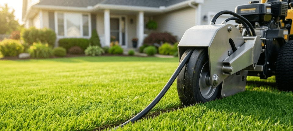 machine laying fiber internet in yard