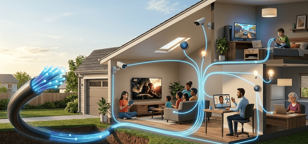 inside of home with rooms showcasing how fiber internet can help people in different sections of the home