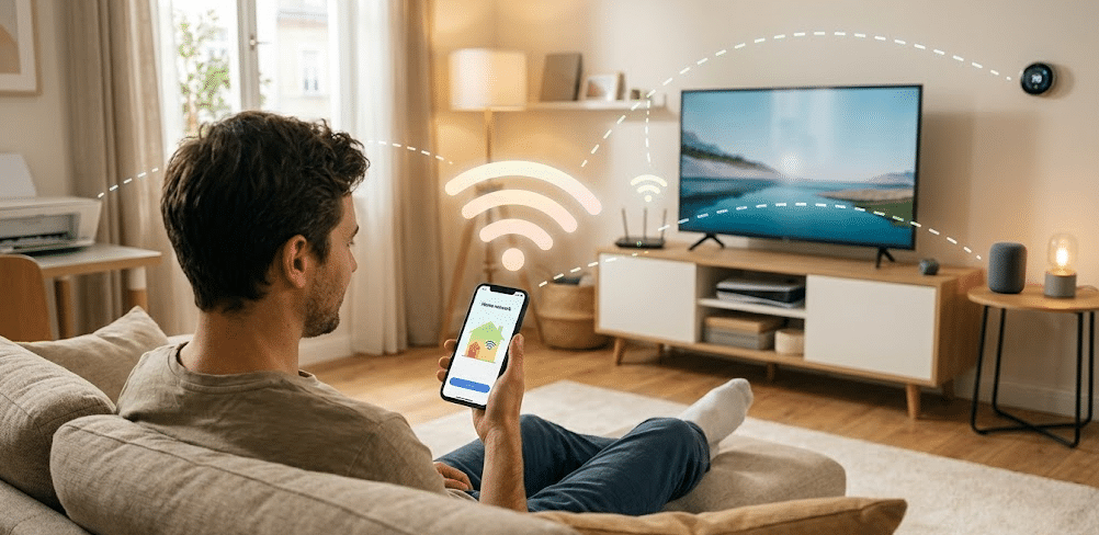 Man on a couch using a phone app to connect his smart TV, printer, thermostat and other home devices to Wi-Fi